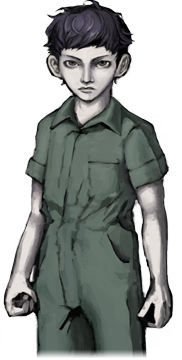 levi is a young man with black hair cut just above his ears. his features are boyish, but with sharp downturned eyebrows. he is wearing an army green short sleeved collared coverall with a pocket on his left chest and on his sides. it sinches in at the waist.